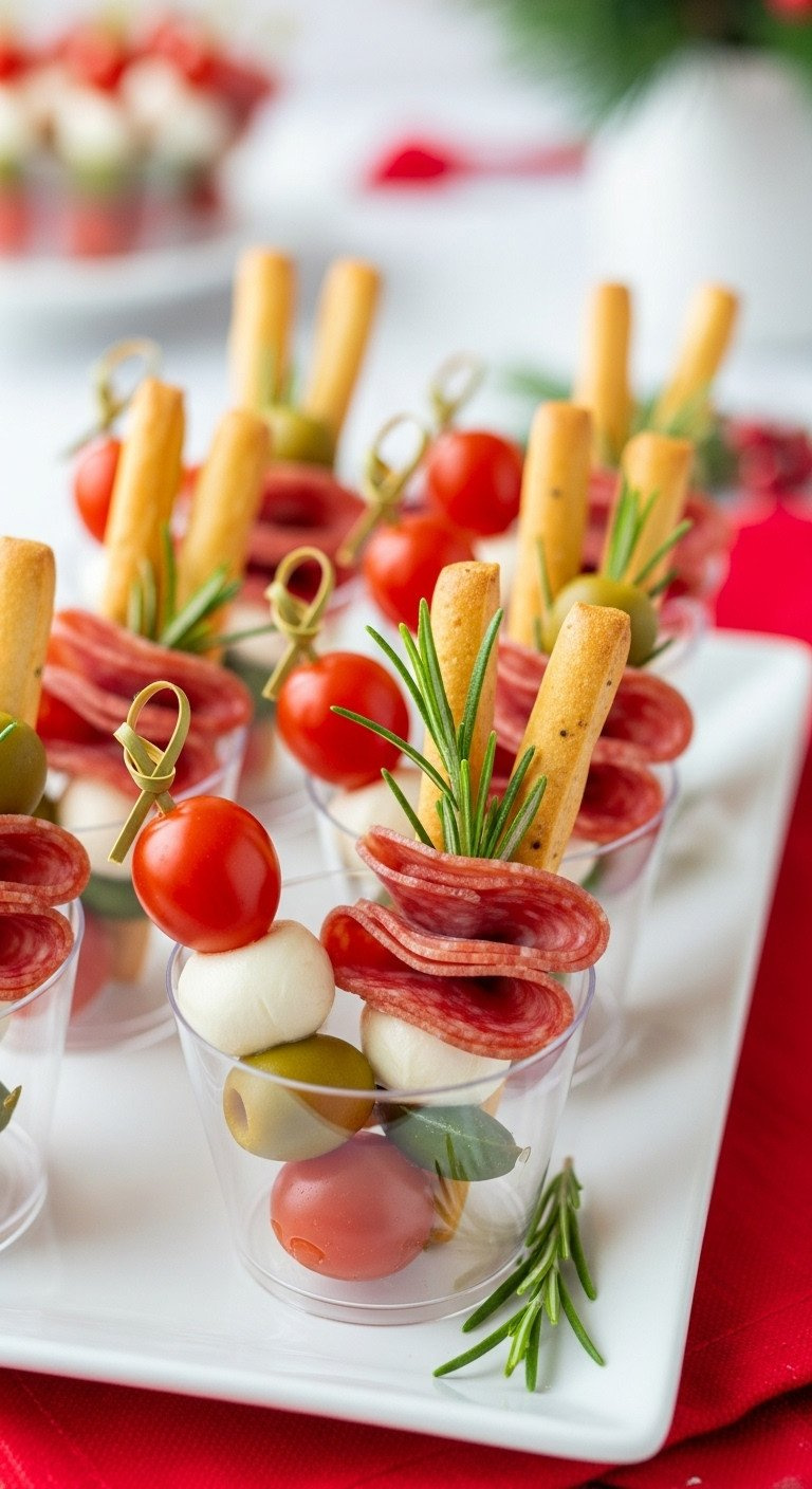 Christmas Charcuterie Cups With Mozzarella Skewers, Salami, Breadsticks, Olives, And Rosemary, On A White Tray.