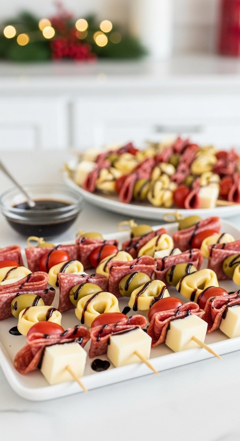 Christmas Charcuterie Skewers With Salami, Cheddar, Olives, Tomatoes, Tortellini, And Balsamic Glaze On A Platter.