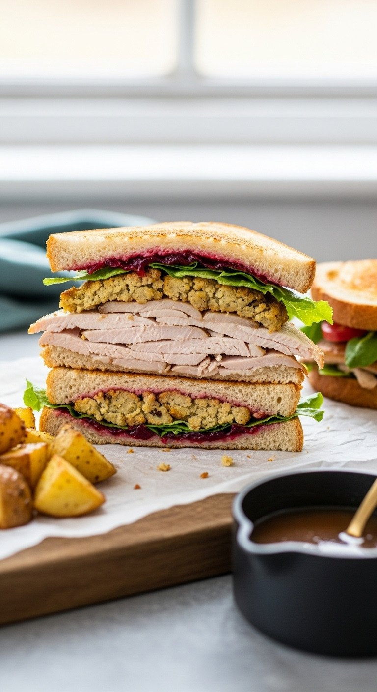 Christmas Leftover Sandwich, Cut In Half, Showing Turkey, Stuffing, Cranberry Sauce On Wood Board.