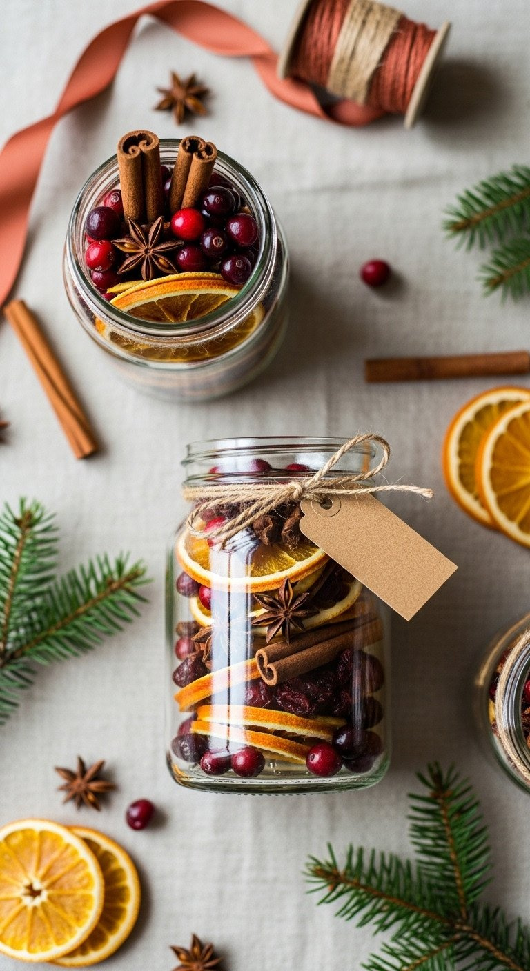 Christmas Potpourri Gift Jars: Orange Slices, Cranberries, Cinnamon, Star Anise, Twine On Linen With Pine.