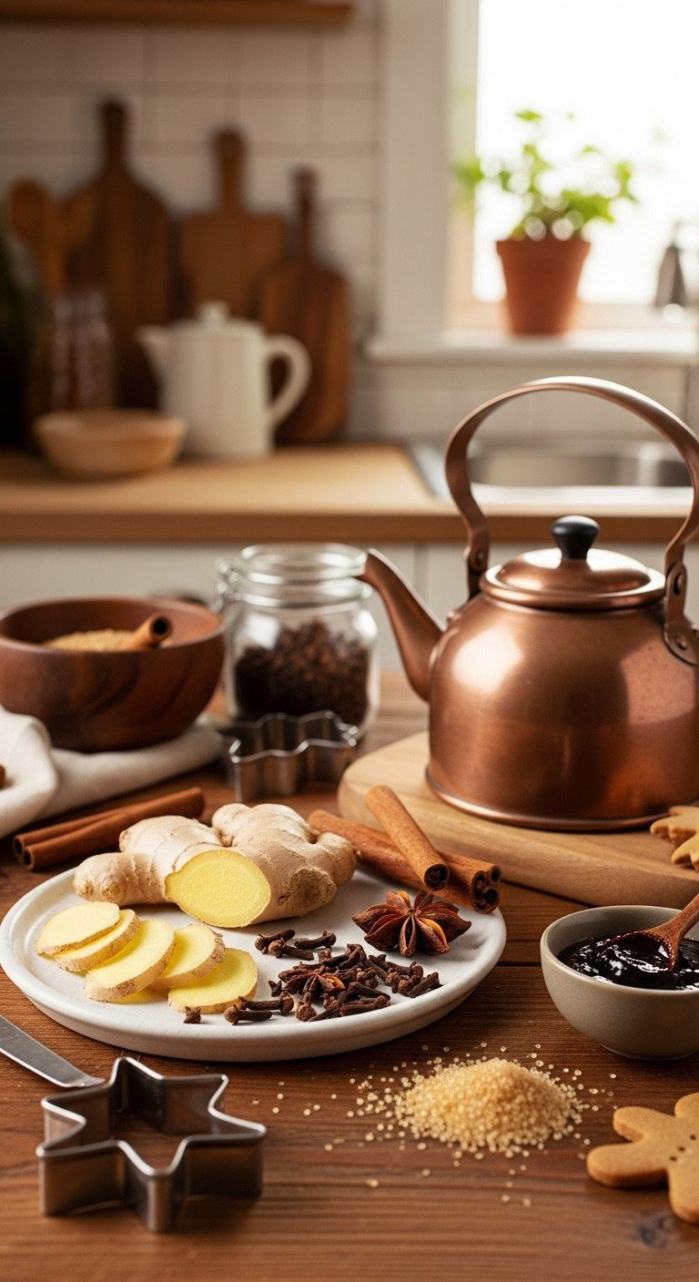 Christmas Potpourri Ingredients: Ginger, Cloves, Allspice, Brown Sugar With Copper Kettle On Rustic Wood Table.