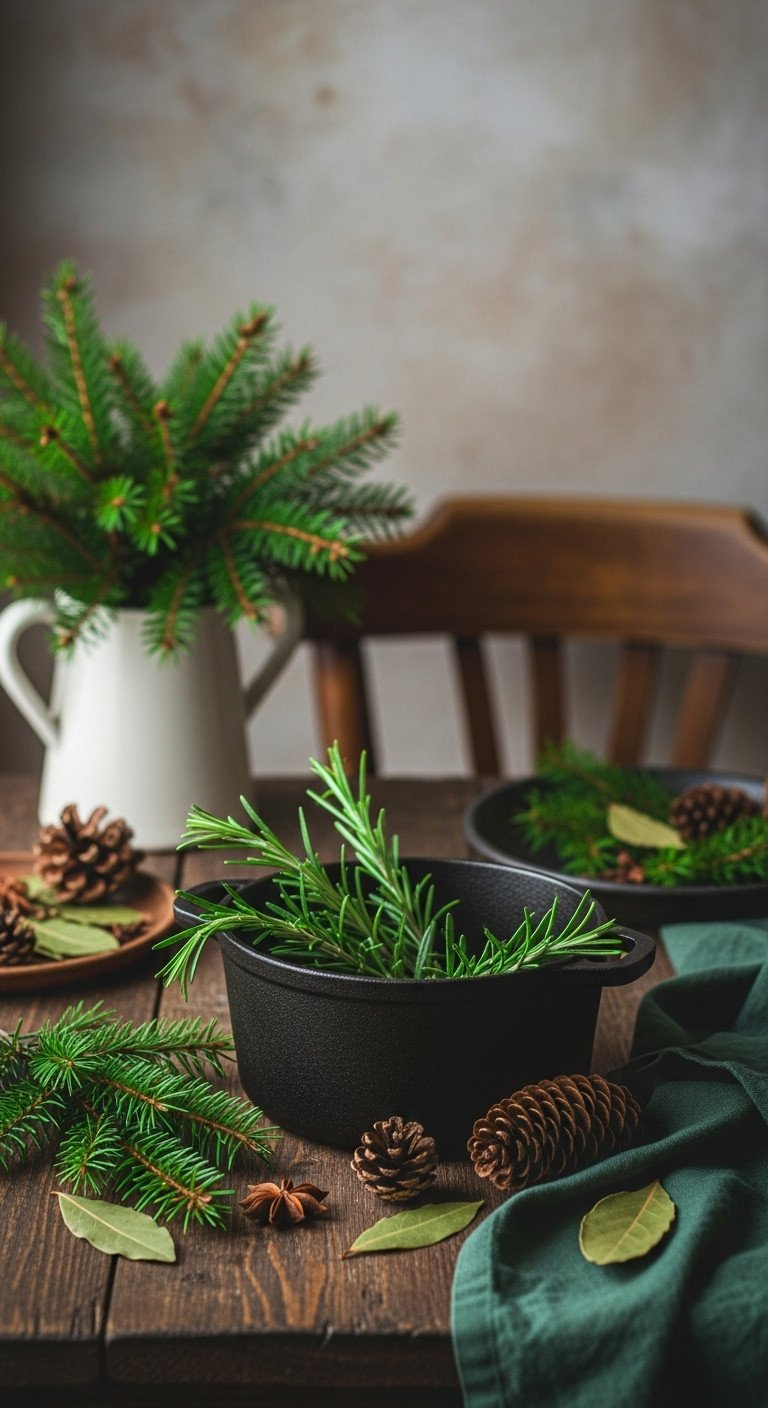Christmas Potpourri With Evergreen, Rosemary, Pine Cones, Bay Leaves Near Simmering Cast Iron Pot On Rustic Wood.