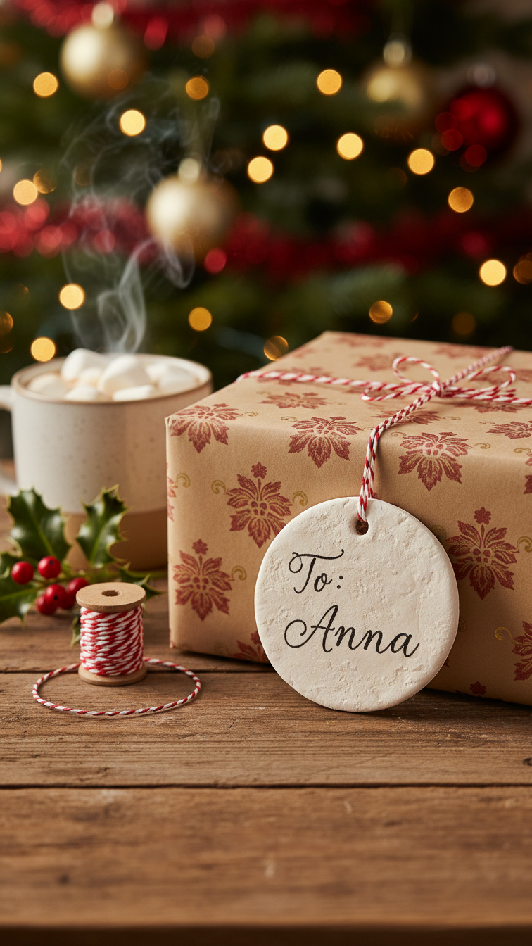 Christmas Present With White Baking Soda Ornament Gift Tag Tied With Red Baker's Twine And Holly