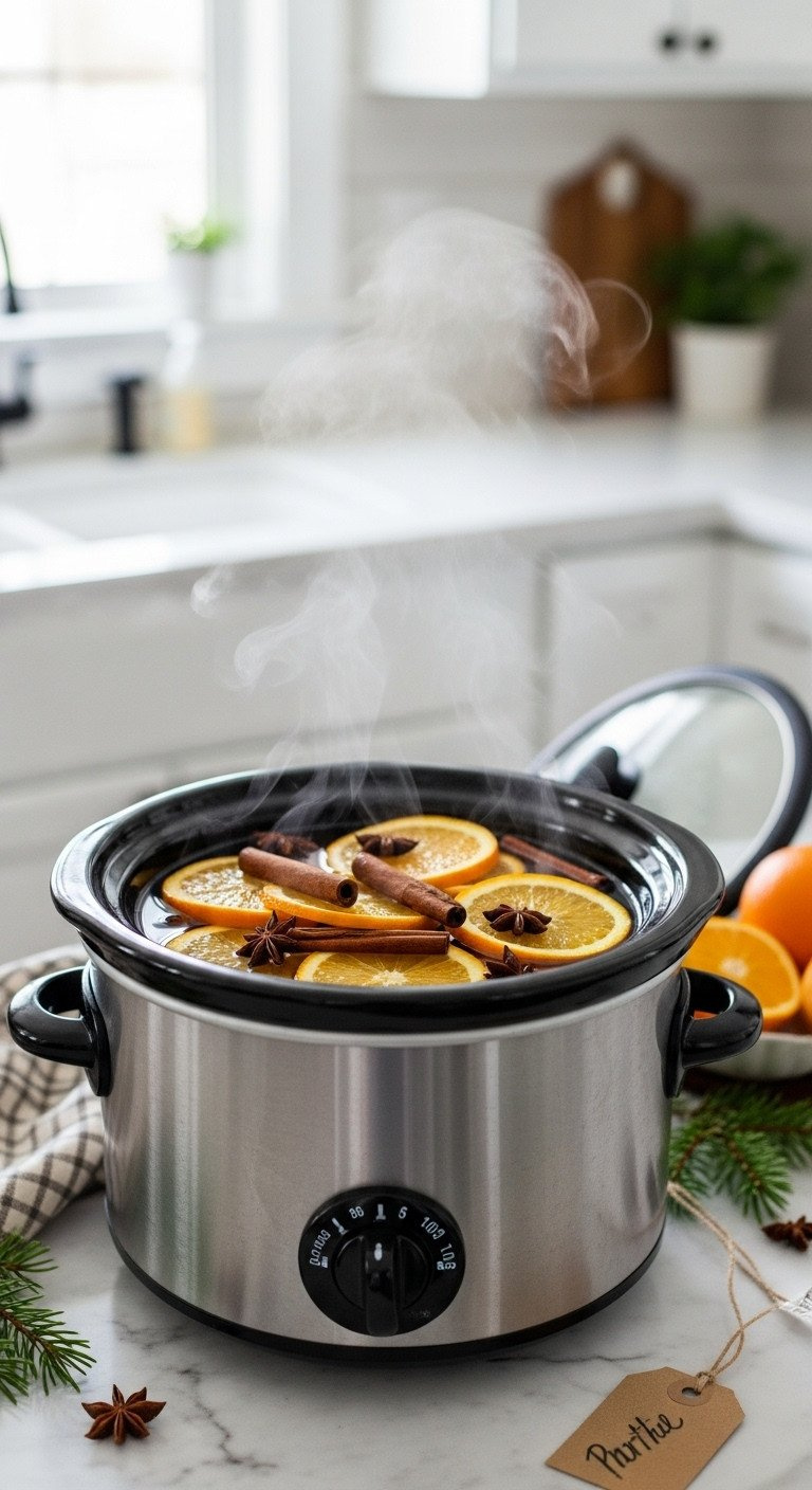 Christmas Slow Cooker Potpourri: Orange Slices, Cinnamon, Star Anise, Steam Rising On Marble Counter.