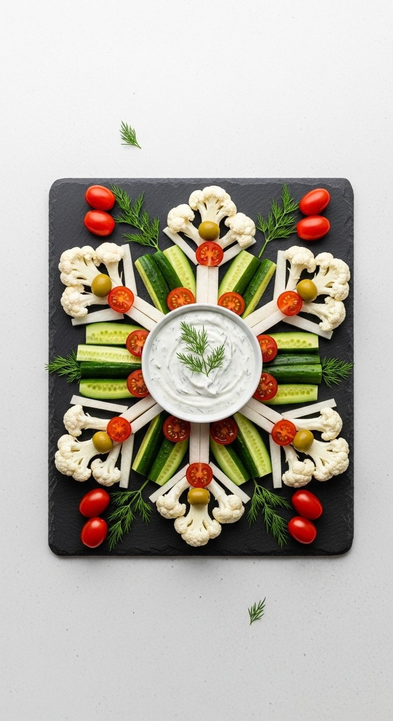 Christmas Snowflake Crudité Board With Cauliflower, Cucumber, Jicama, Dill Dip, Cherry Tomatoes, And Olives.