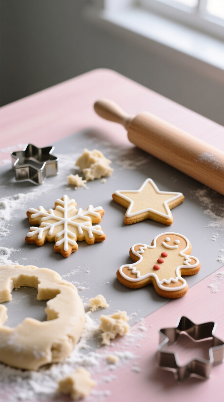 Christmas Sugar Cookie Cutouts: Baked Snowflake, Star, Gingerbread Next To Unbaked Dough, Rolling Pin On Wooden Table.