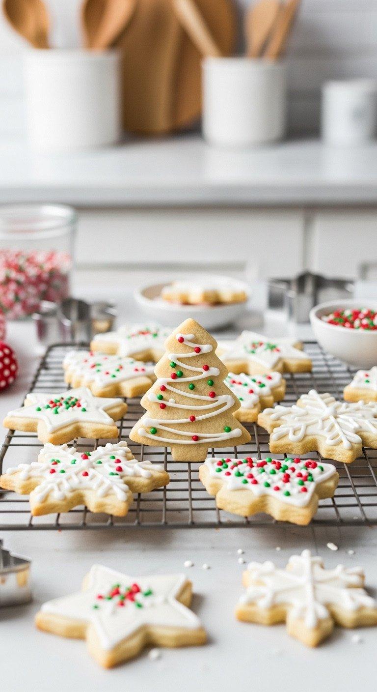 Christmas Sugar Cookies In Star And Tree Shapes With White Royal Icing And Red And Green Sprinkles On A Wire Cooling Rack.