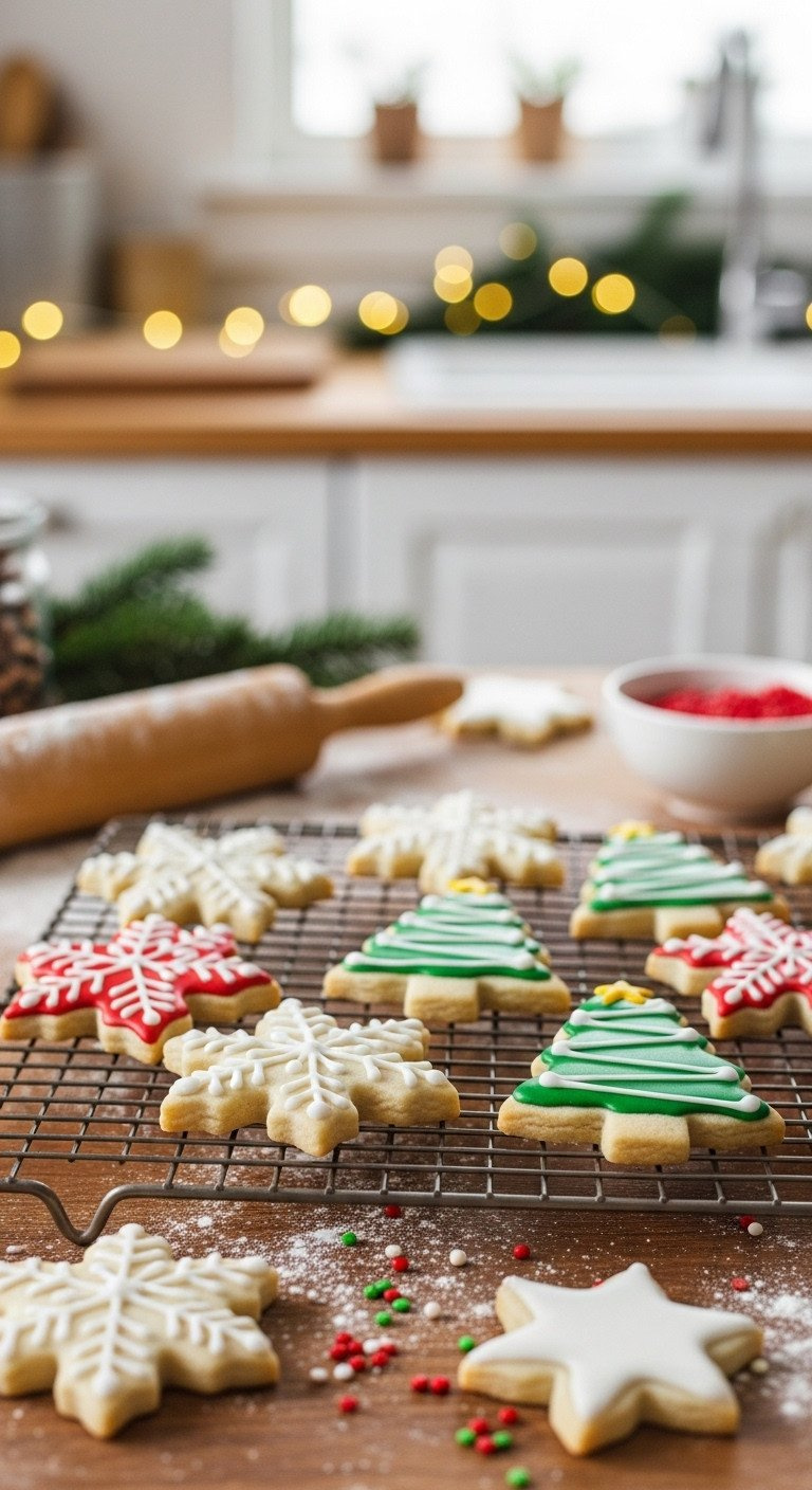 Christmas Sugar Cookies Shaped Like Snowflakes And Stars Decorated With Red And Green Royal Icing On A Rustic Wooden Table.