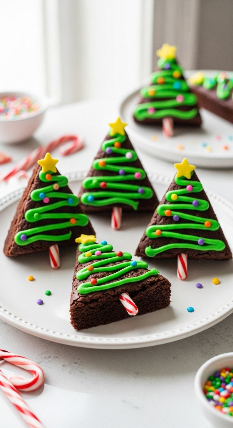 Christmas Tree Brownies: Green Icing, Sprinkles, Yellow Stars, Candy Cane Trunks, On White Platter. Festive Dessert.