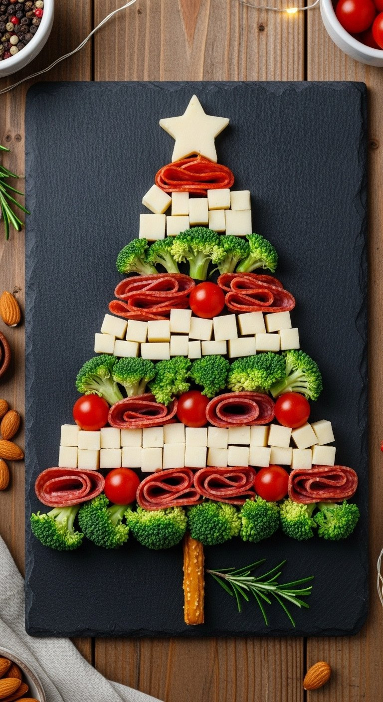 Christmas Tree Charcuterie Board With Cheddar, Salami, Grapes, Broccoli, Cherry Tomatoes, And Star Provolone On Slate Platter.