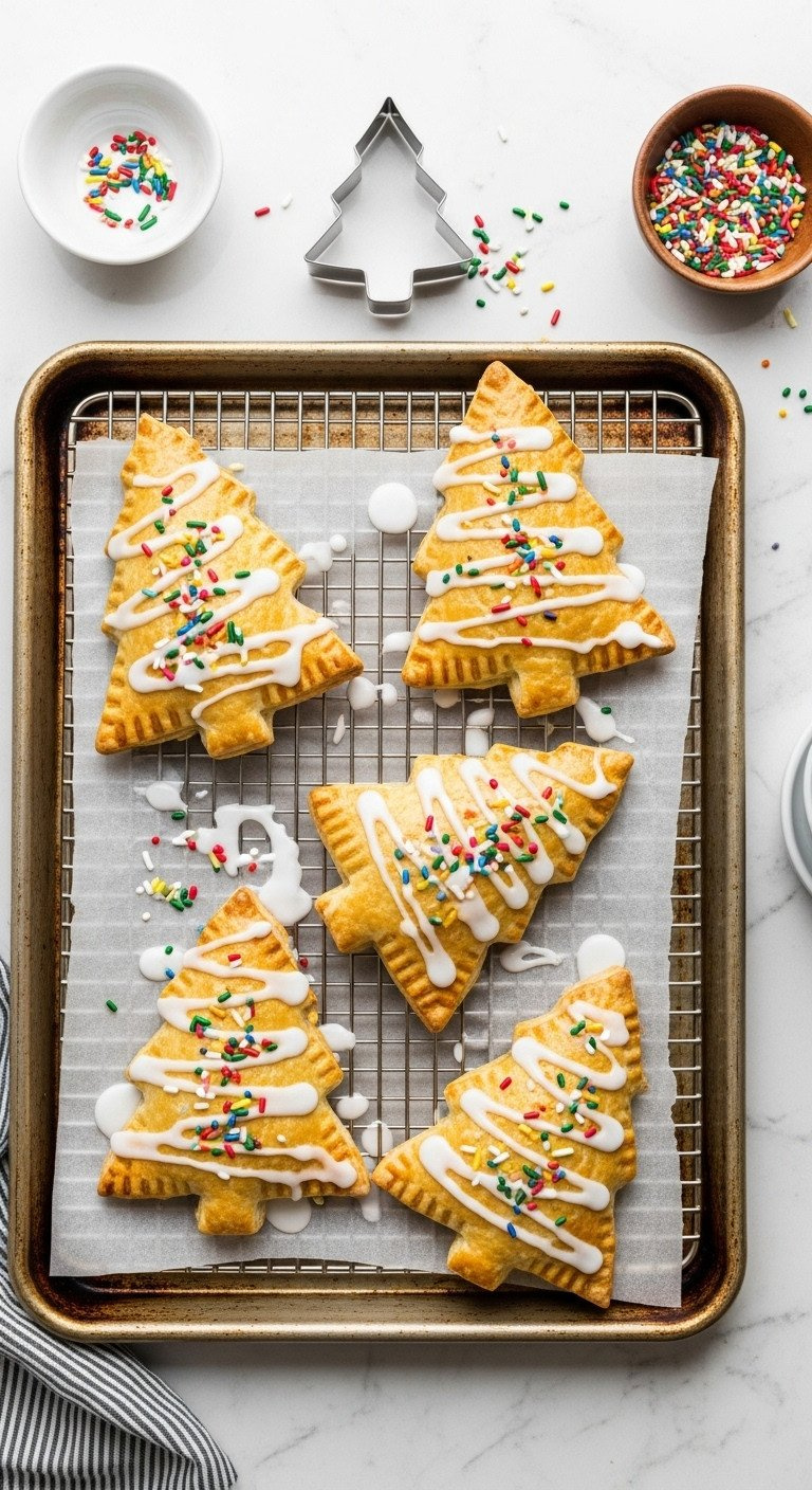Christmas Tree Hand Pies: Golden-Brown, White Icing, Colorful Sprinkles. Festive Holiday Baking.