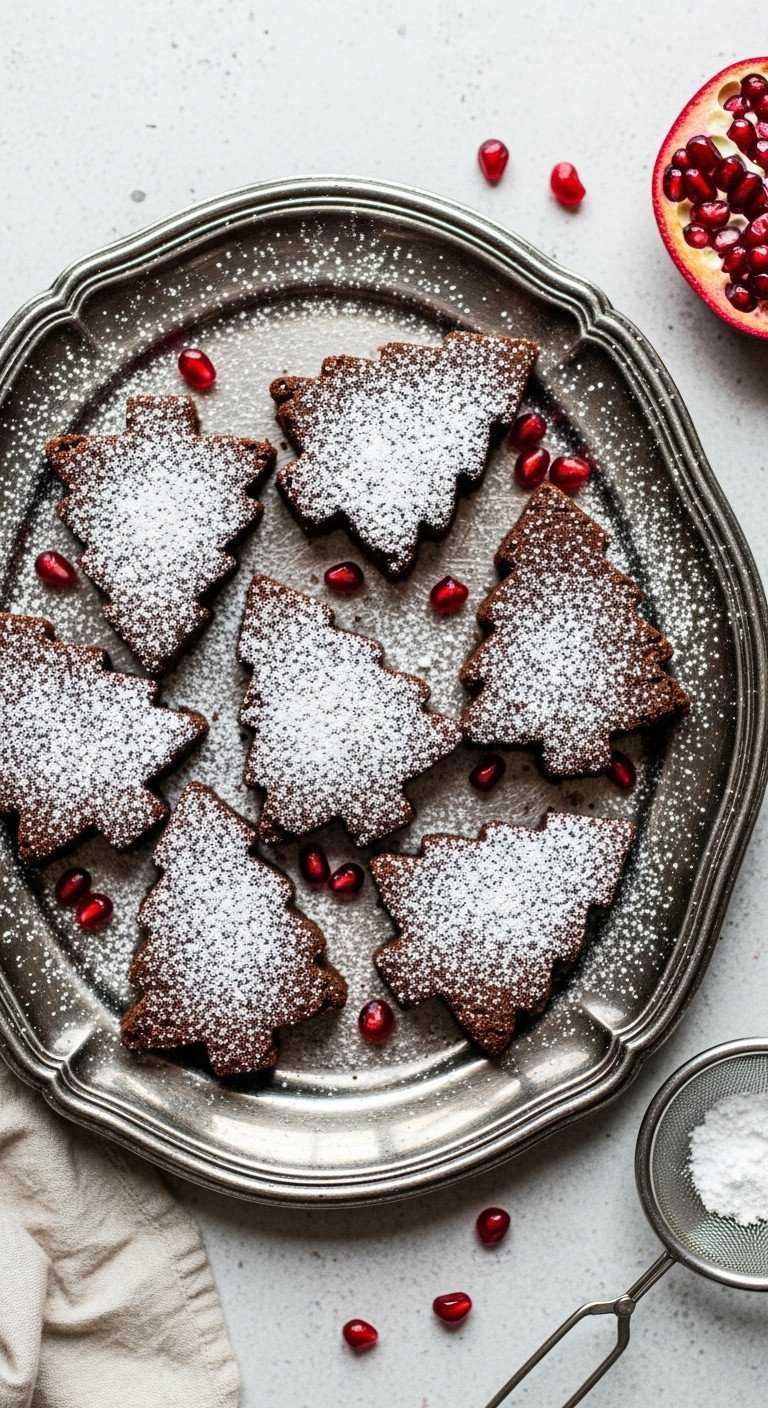 Christmas Tree-Shaped Chocolate Brownies Dusted With Powdered Sugar On A Vintage Silver Platter With Pomegranate Seeds.