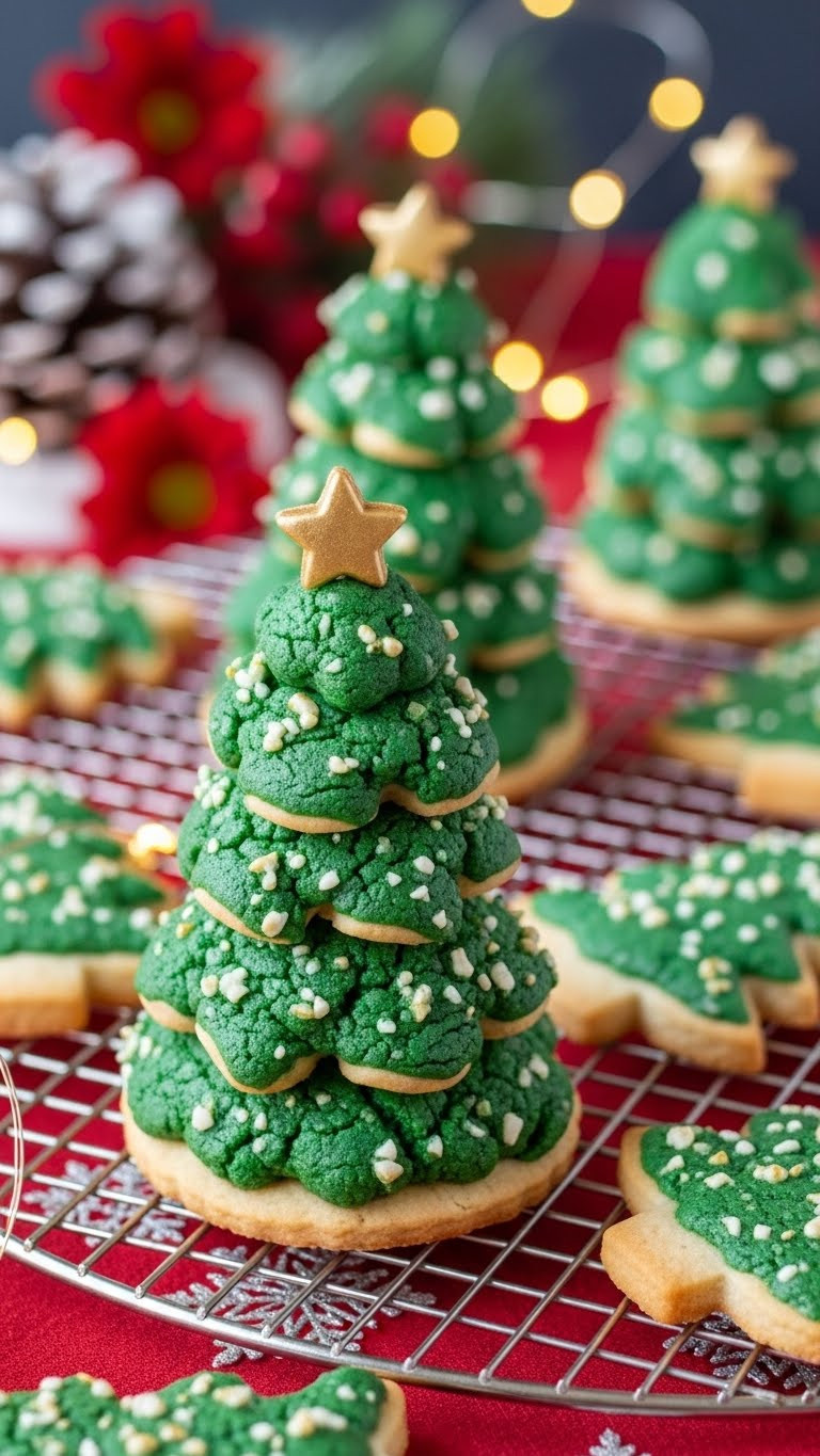Christmas Tree Sugar Cookies On Festive Cooling Rack