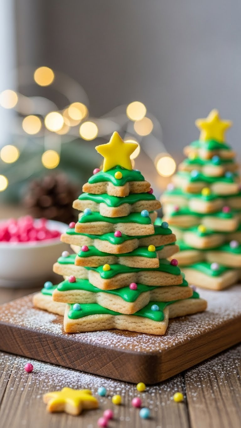 Christmas Tree Sugar Cookies Stacked And Decorated With Green Icing And Colorful Pearls On A Rustic Wooden Board
