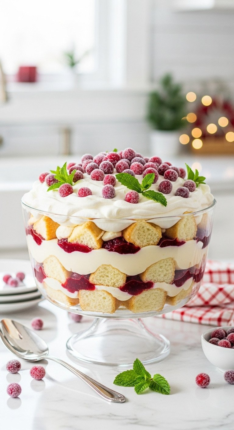 Christmas Trifle With Cake, White Chocolate Cream, Cranberry, Whipped Cream, Sugared Cranberries, Mint. Festive Holiday Recipe.