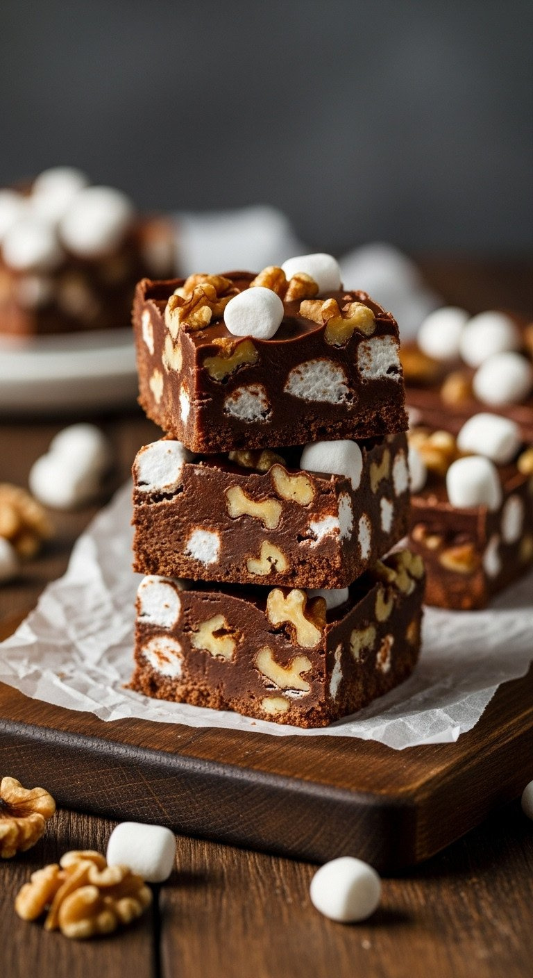 Chunky Rocky Road Fudge Bars With Chocolate, Marshmallows, And Walnuts, On A Rustic Wood Board, Decadent Homemade Candy.