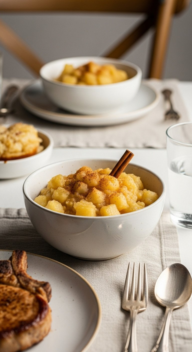 Chunky Applesauce, Cinnamon Stick, And Pork Chop On Linen Placemat. Cozy Dinner.