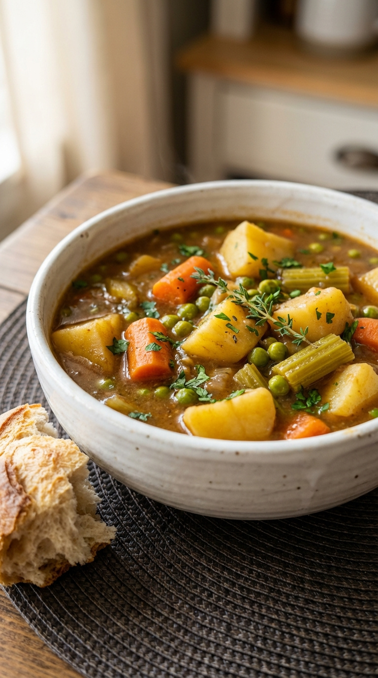 Chunky Vegetable Stew With Potatoes, Carrots, Peas, And Celery In Rustic White Bowl