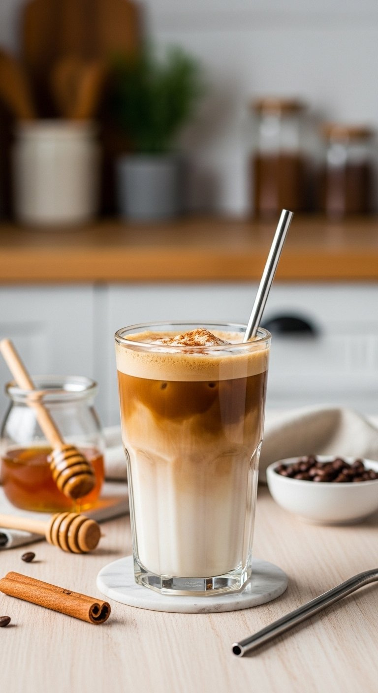 Cinnamon Honey Iced Latte Layered With Espresso And Milk On A Wooden Table.