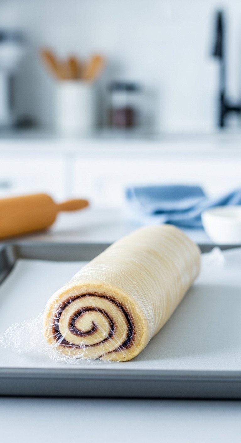 Cinnamon Roll Cookie Dough Log Wrapped In Plastic On Gray Baking Sheet With Rolling Pin.