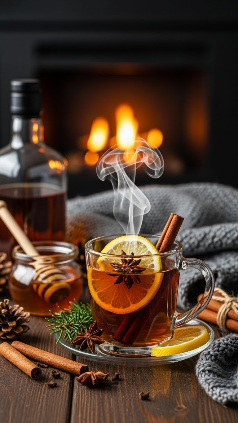 Cinnamon Stick Hot Toddy In Clear Glass Mug Steaming With Lemon Slice And Star Anise