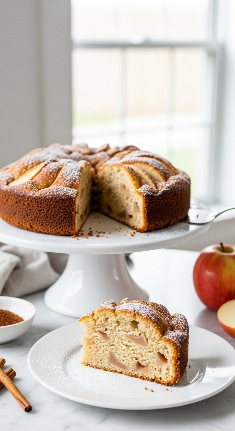 Cinnamon Sugar Apple Cake On White Stand, Slice Removed Revealing Moist Apple-Studded Crumb &Amp; Glistening Crackly Crust, Marble Counter.
