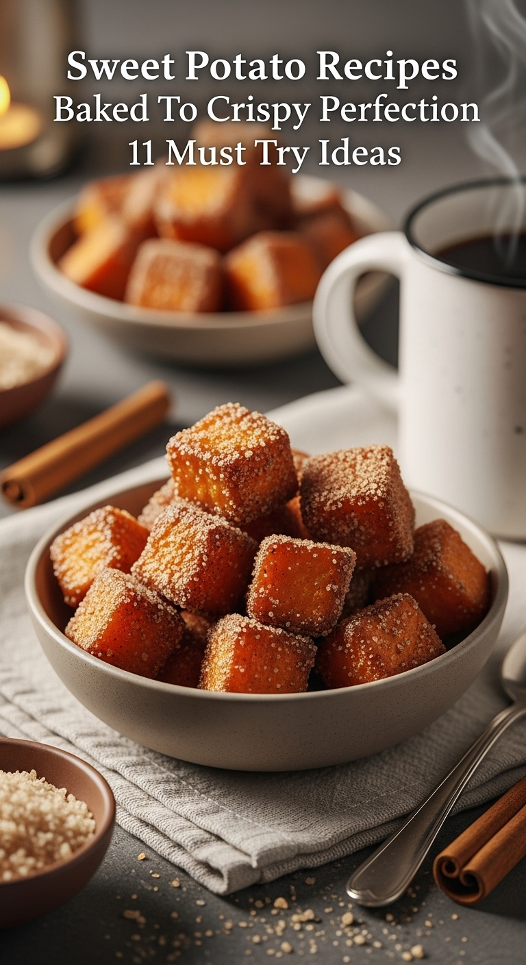 Cinnamon Sugar Baked Sweet Potato Bites In A Bowl On A Linen Napkin Next To A Mug And Cinnamon Stick