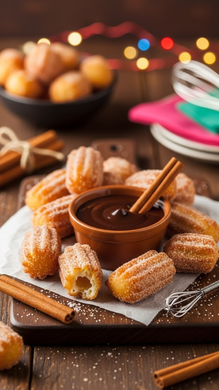 Cinnamon Sugar Churro Bites With Chocolate Dipping Sauce Arranged On Dark Wooden Board With Warm Lighting
