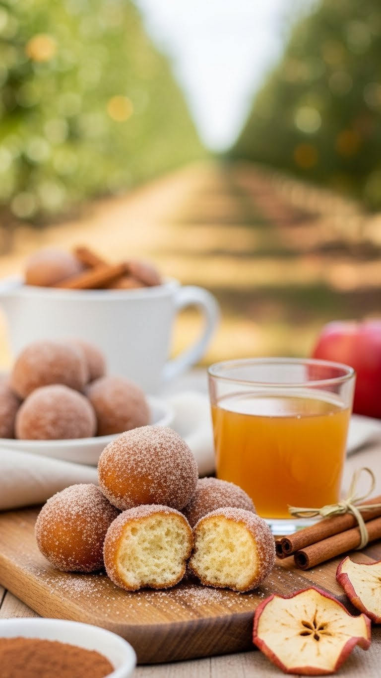 Cinnamon Sugar-Coated Apple Cider Donut Bites On Rustic Wooden Board With Autumn Orchard Background