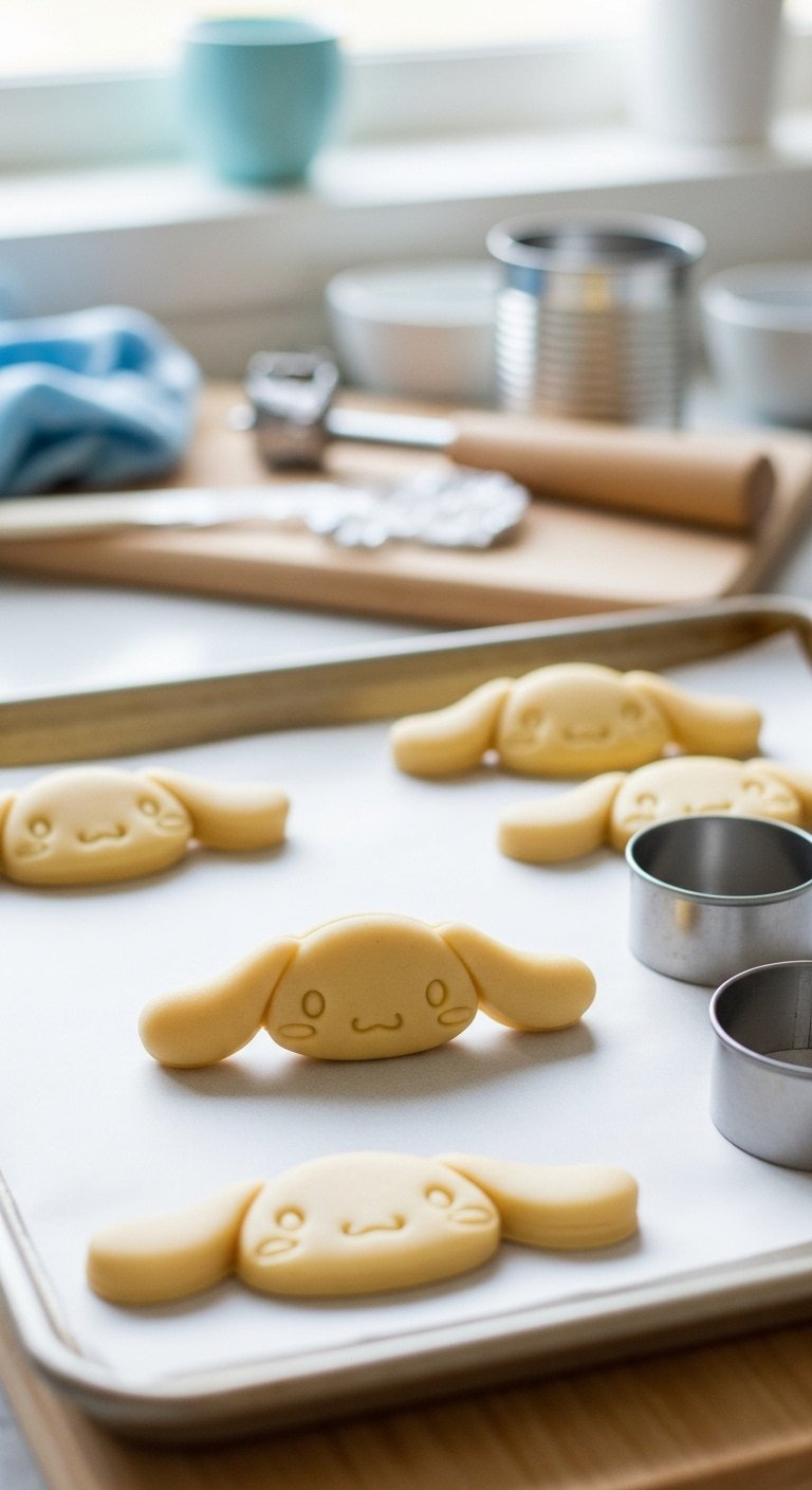 Cinnamoroll Shaped Raw Cookie Dough Cutouts With Ears And Hair Tufts On A Wooden Cutting Board.