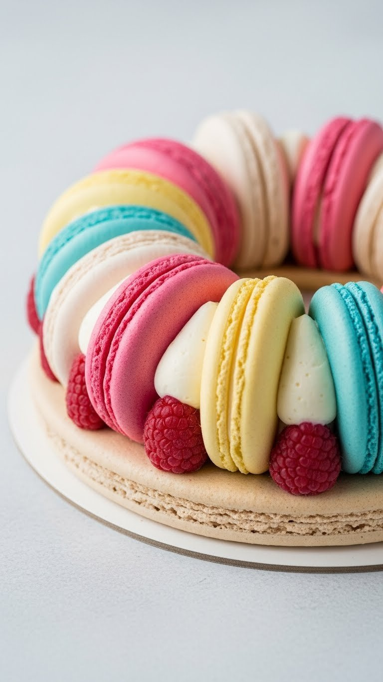 Circular Macaron-Shaped Cake With Embroidered Smile And Powdered Sugar On Decorative Plate