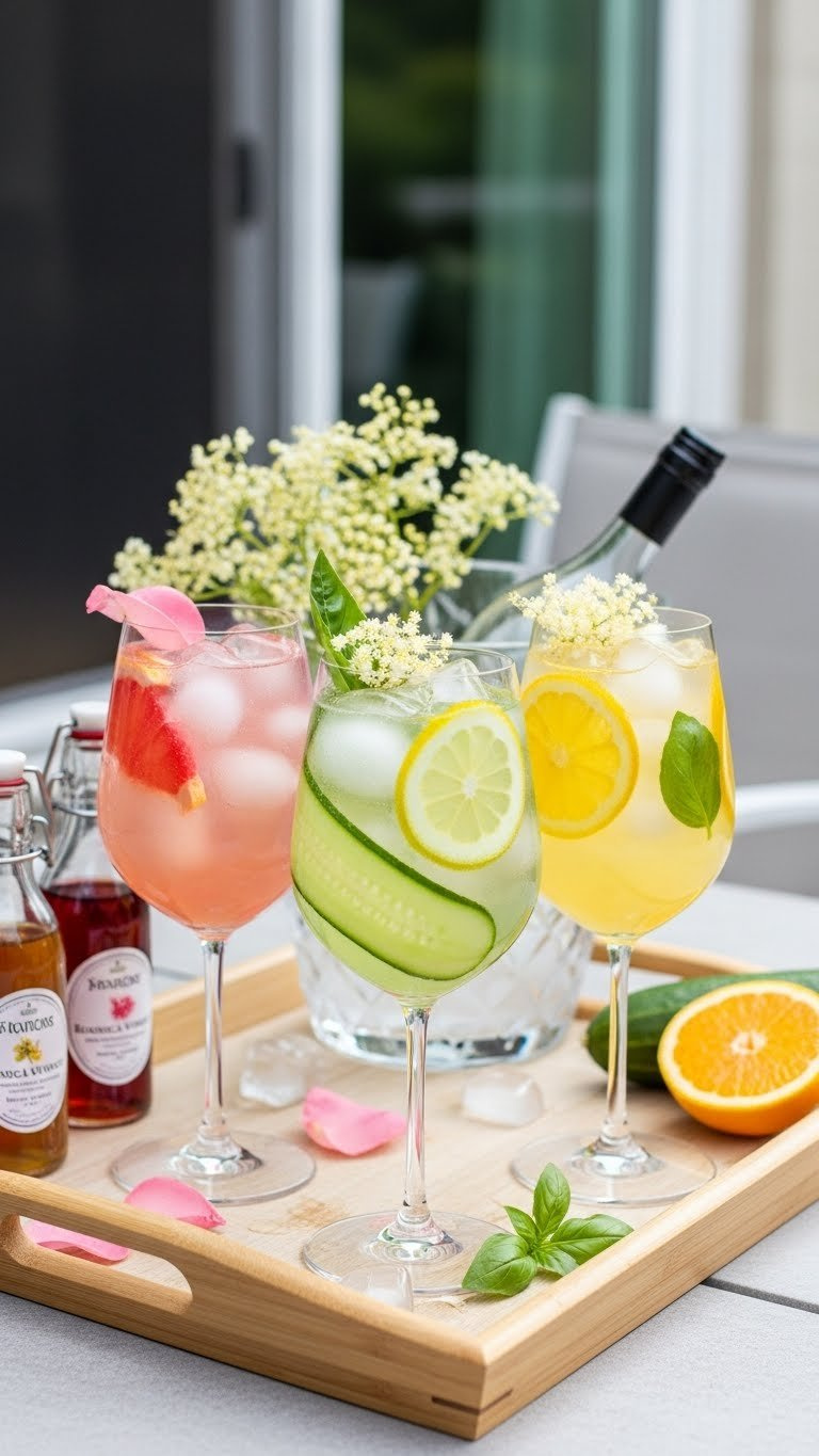 Citrus Botanical Spritzers In Elegant Wine Glasses With Delicate Garnishes Arranged On Light Wooden Serving Tray