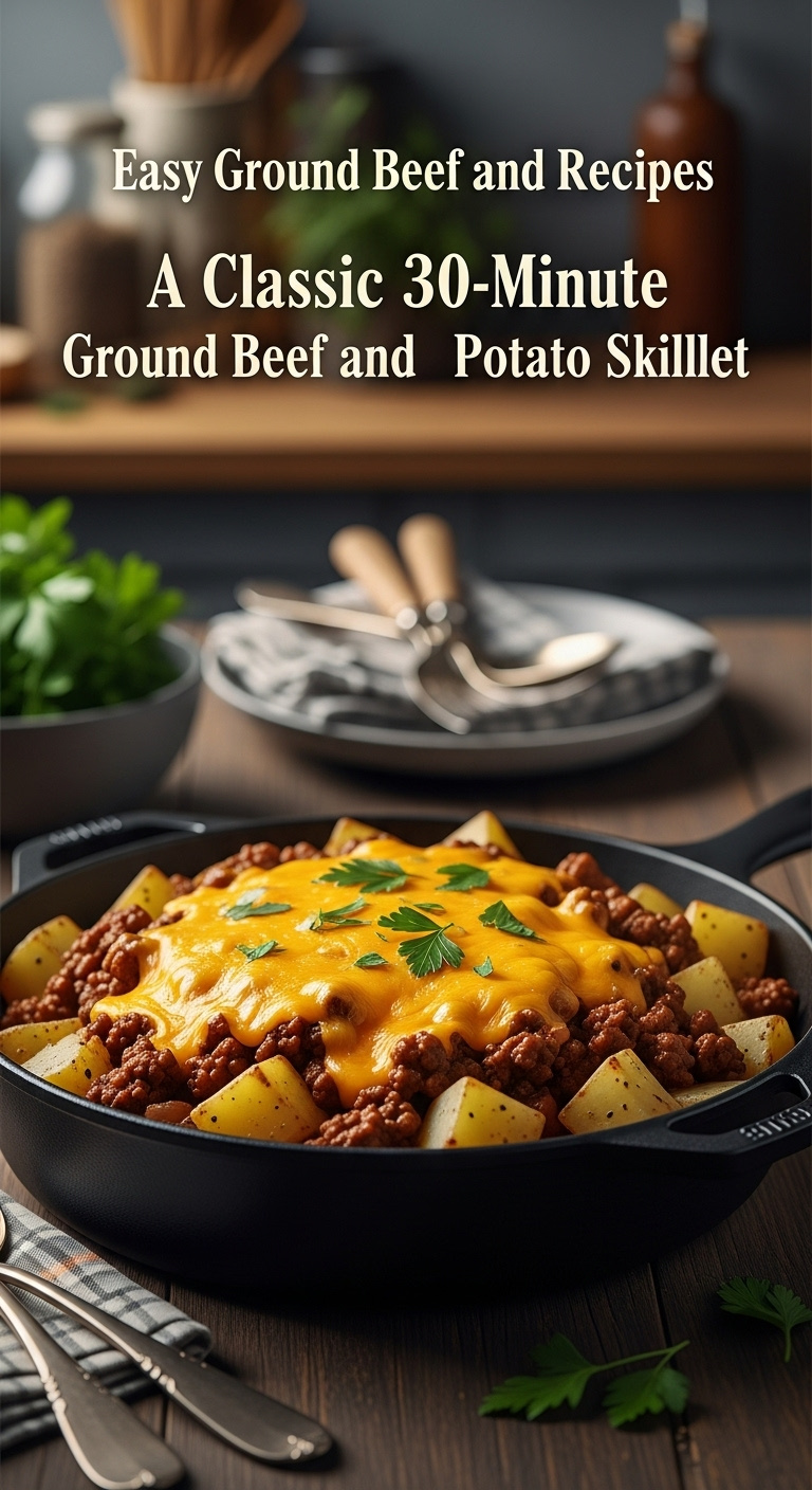 Classic 30 Minute Ground Beef And Potato Skillet With Melted Cheddar And Parsley In Cast Iron Pan On Rustic Wood Table With Napkin And Silverware
