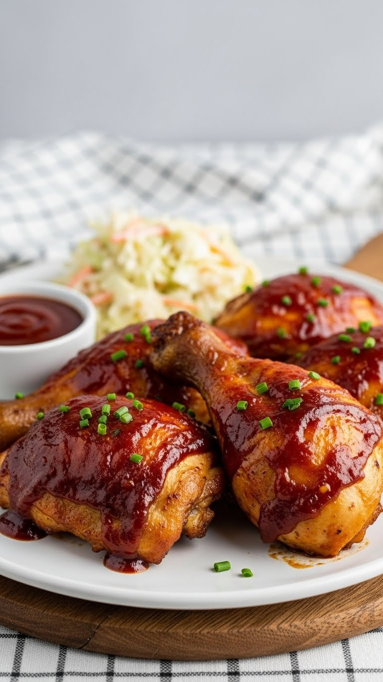 Classic Bbq Baked Chicken Pieces With Glossy Caramelized Sauce On Rustic Wooden Board With Coleslaw Side