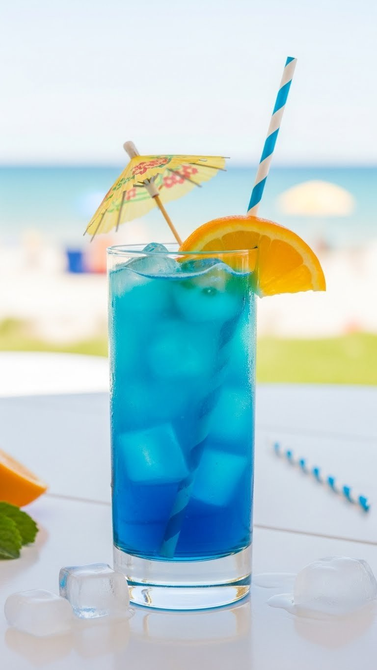 Classic Blue Curacao Layered Cloud Drink With Deep Blue Base And Milky White Top Layer In Tall Highball Glass.