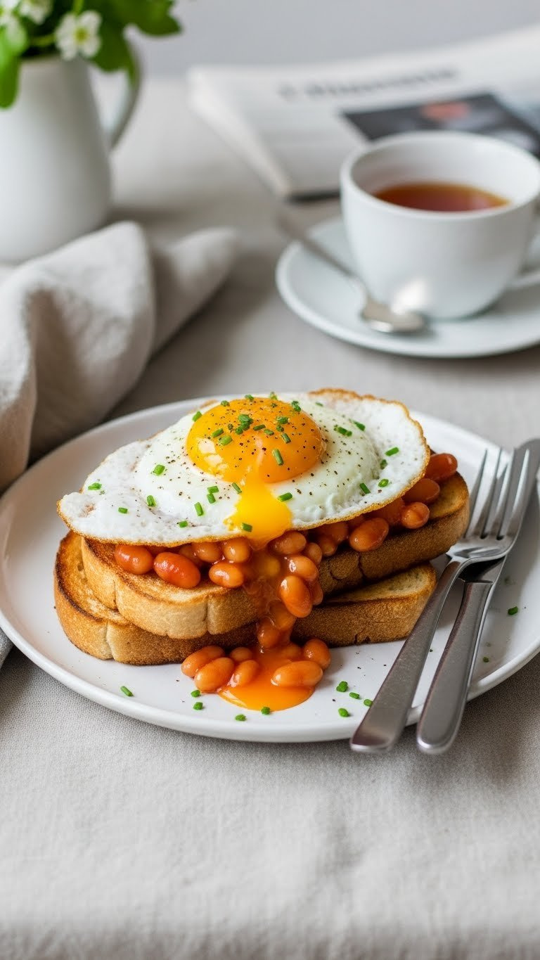 Classic British Beans On Toast With Fried Egg Featuring Runny Yolk On White Plate With Black Pepper Garnish