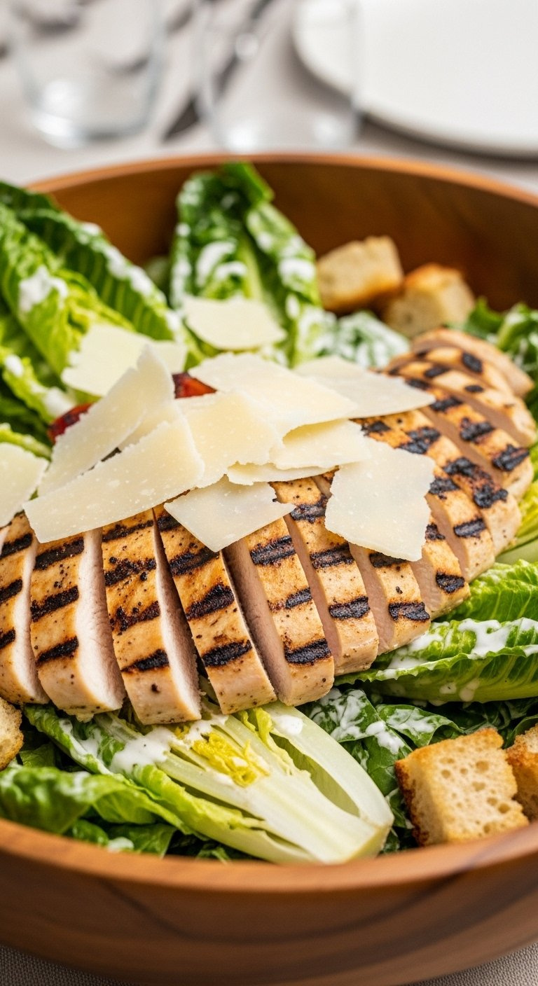 Classic Caesar Salad With Grilled Chicken, Parmesan Shavings, And Croutons In A Large Wooden Bowl.
