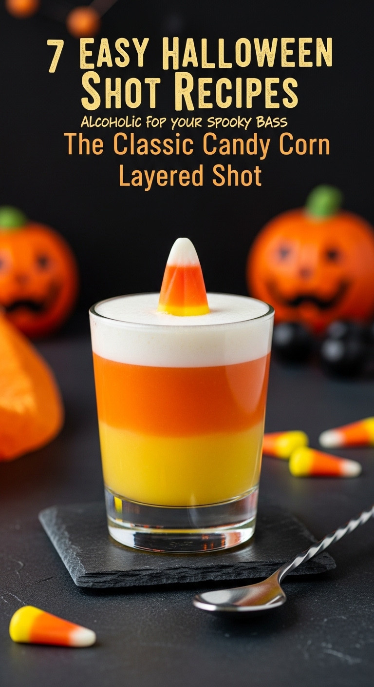 Classic Candy Corn Layered Halloween Shot With Yellow Orange And White Layers On A Dark Slate Coaster With Scattered Candy Corns