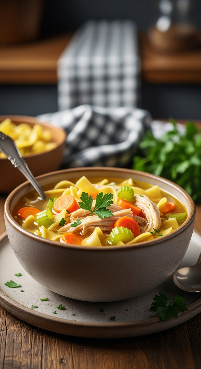 Classic Chicken Noodle Soup With Egg Noodles Shredded Chicken Carrots Celery In Rustic Bowl On Wood Table With Spoon And Parsley