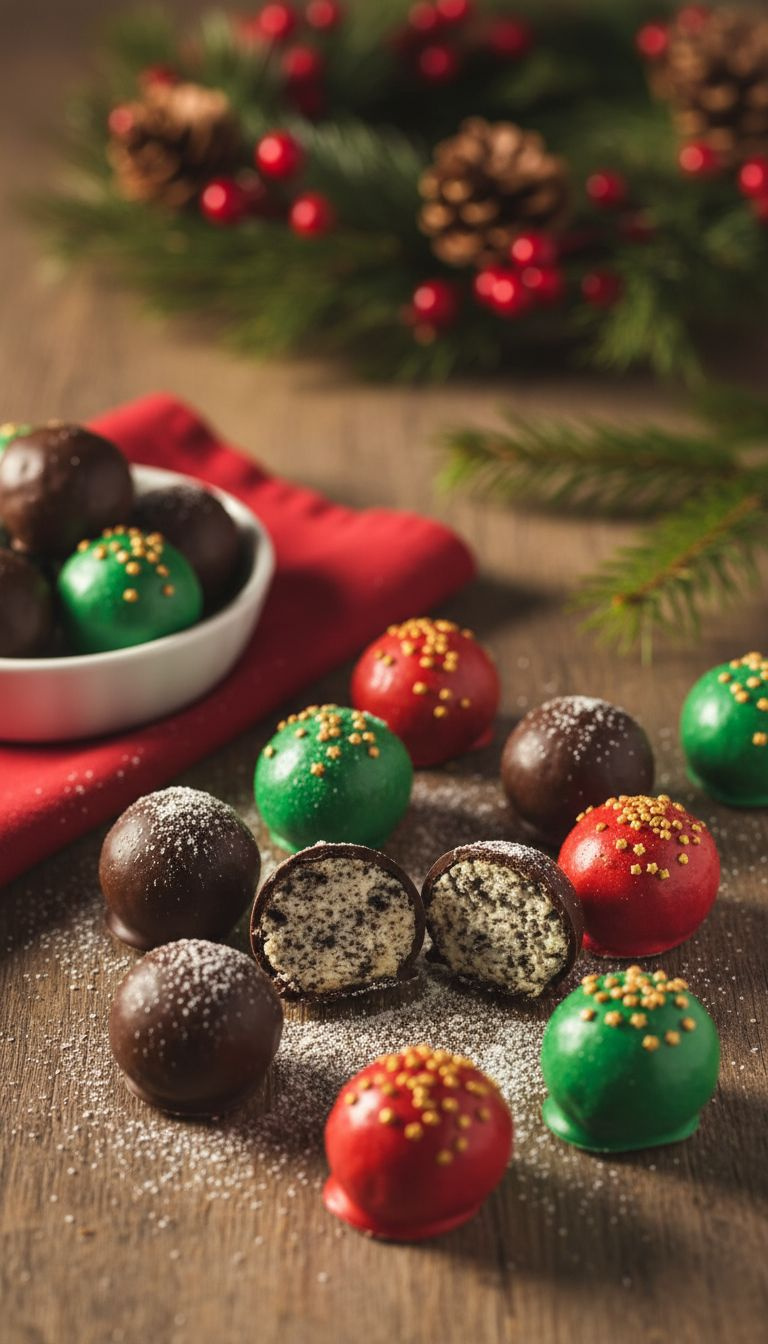 Classic Christmas Oreo Truffles: Dark Chocolate, Red &Amp; Green Candy Melts, Gold Stars, Powdered Sugar. Halved Truffle, Festive Decor On Rustic Wooden Table.