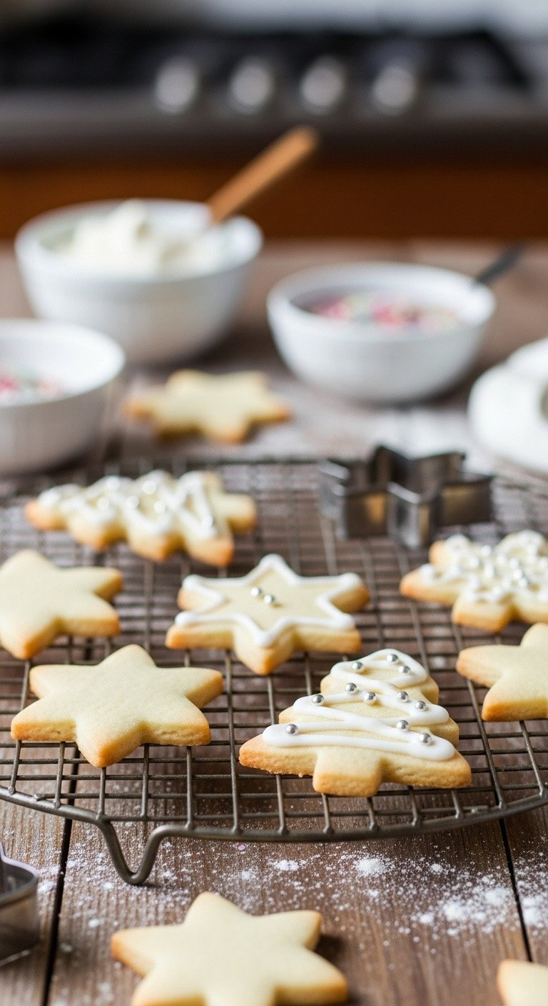 Classic Christmas Sugar Cookies: Star &Amp; Tree Shapes, White Royal Icing, Silver Dragées On Vintage Wire Rack, Rustic Wood Table, Cozy Kitchen.