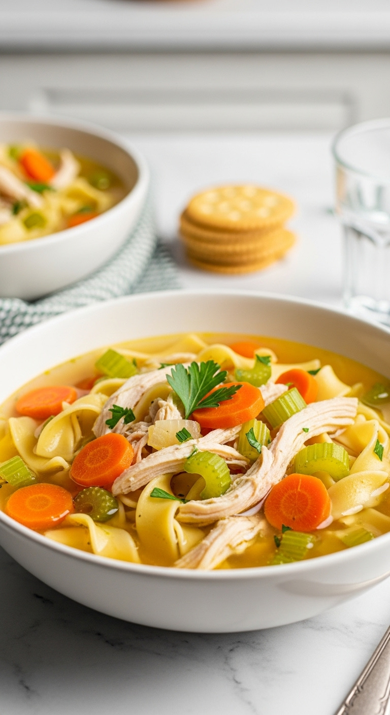 Classic Crockpot Chicken Noodle Soup With Chicken Carrots Celery Noodles And Parsley In White Bowl On Marble Countertop