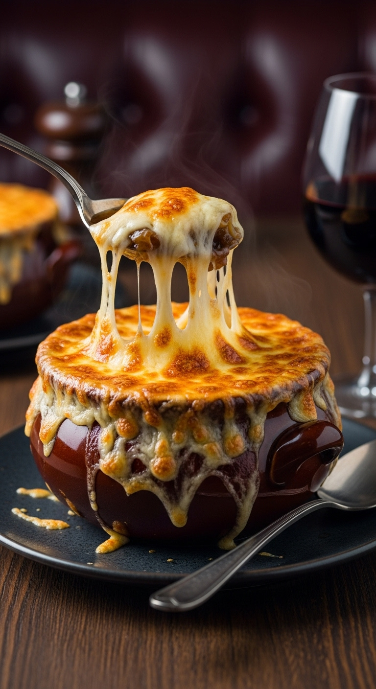 Classic French Onion Soup With Melted Gruyère Cheese Crust In Ceramic Crock On Dark Wood Table With Spoon And Wine