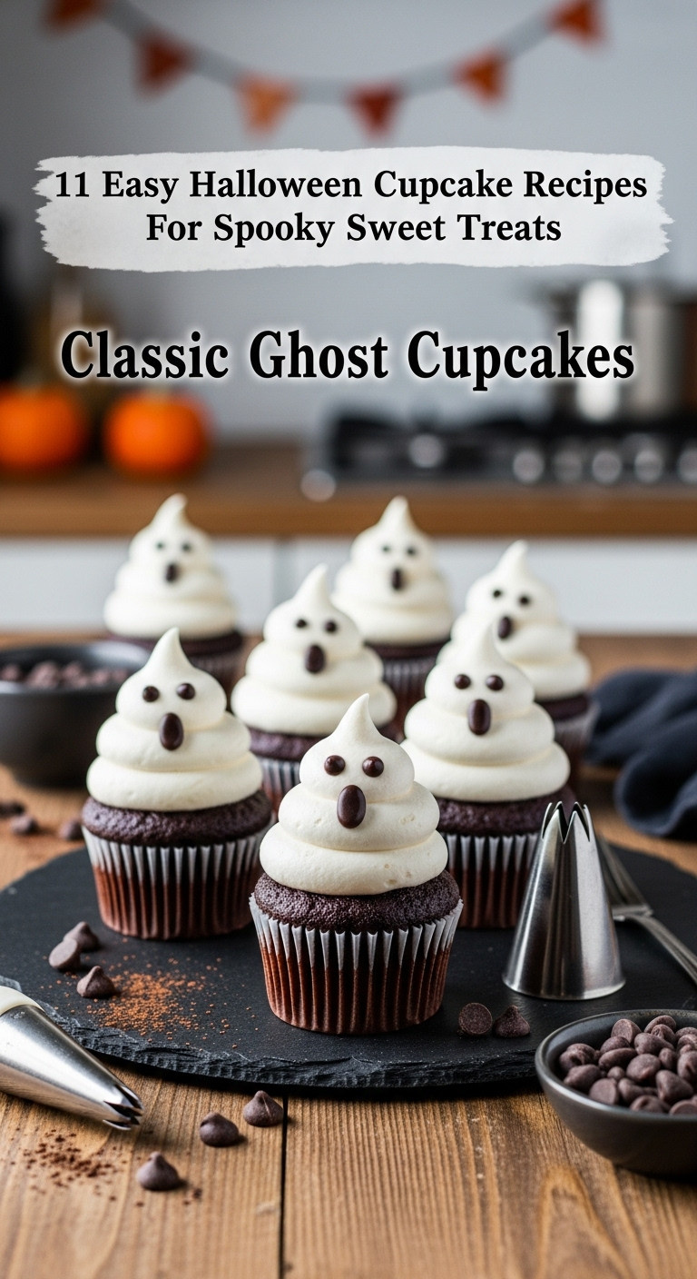 Classic Ghost Cupcakes With Chocolate Chip Eyes On A Dark Slate Platter With Chocolate Chips And Cocoa Powder