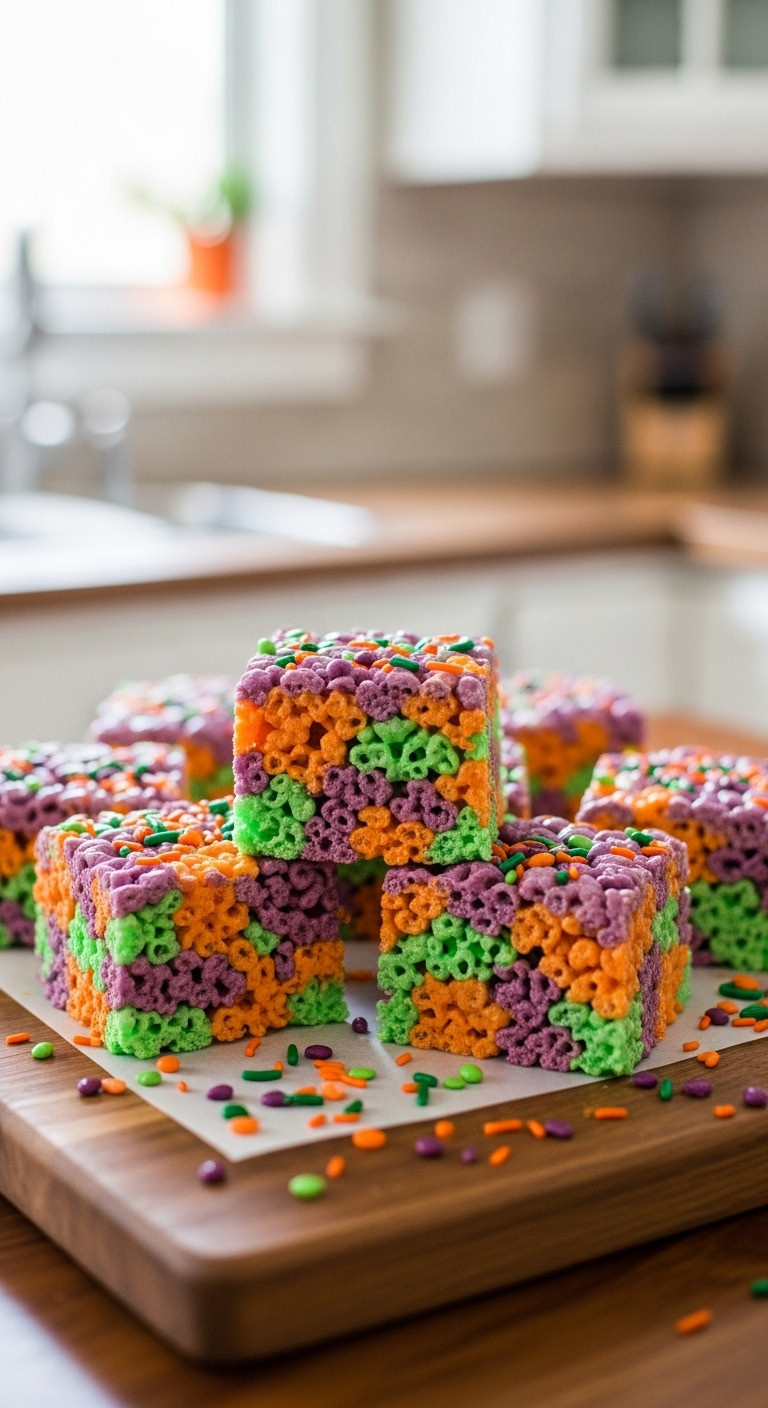 Classic Halloween Colored Rice Krispie Treats On A Rustic Wooden Board With Sprinkles