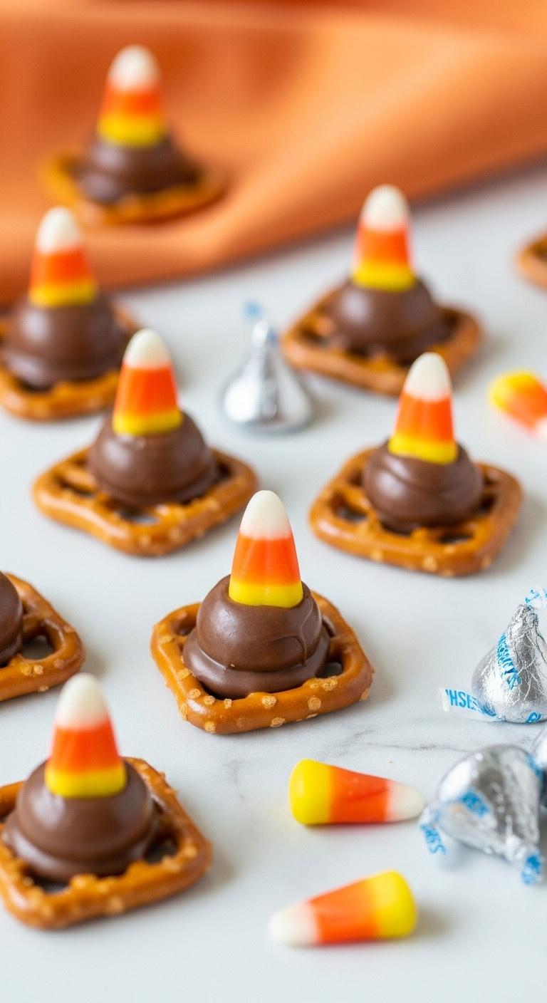 Classic Halloween Candy Corn Pretzel Bites: Square Pretzels With Chocolate And Candy Corn On White Marble, Orange Napkin.