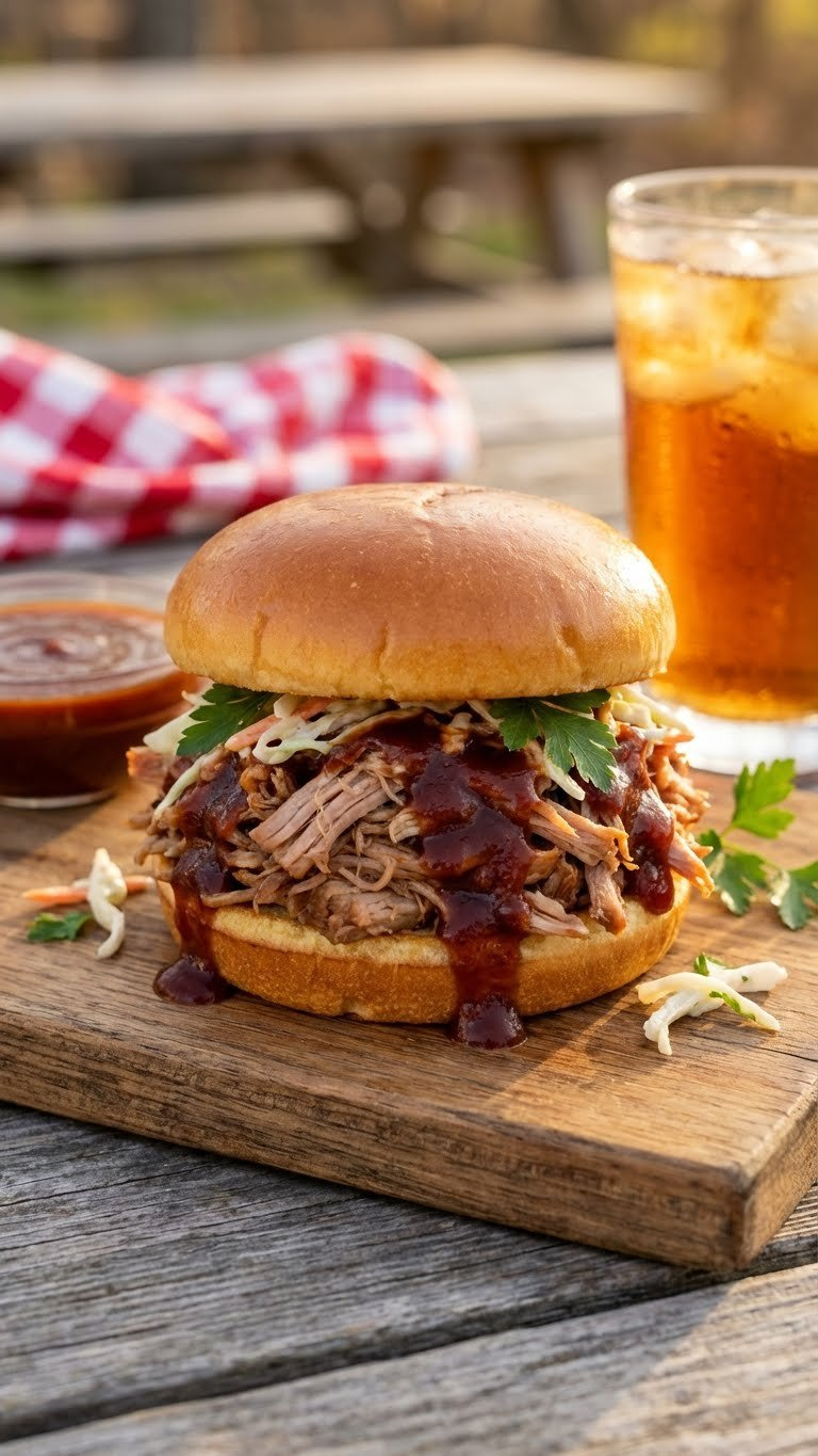 Classic Instant Pot Bbq Pulled Pork Sandwich On A Brioche Bun With Smoky Sauce, Coleslaw, And Pickles On A Picnic Table.