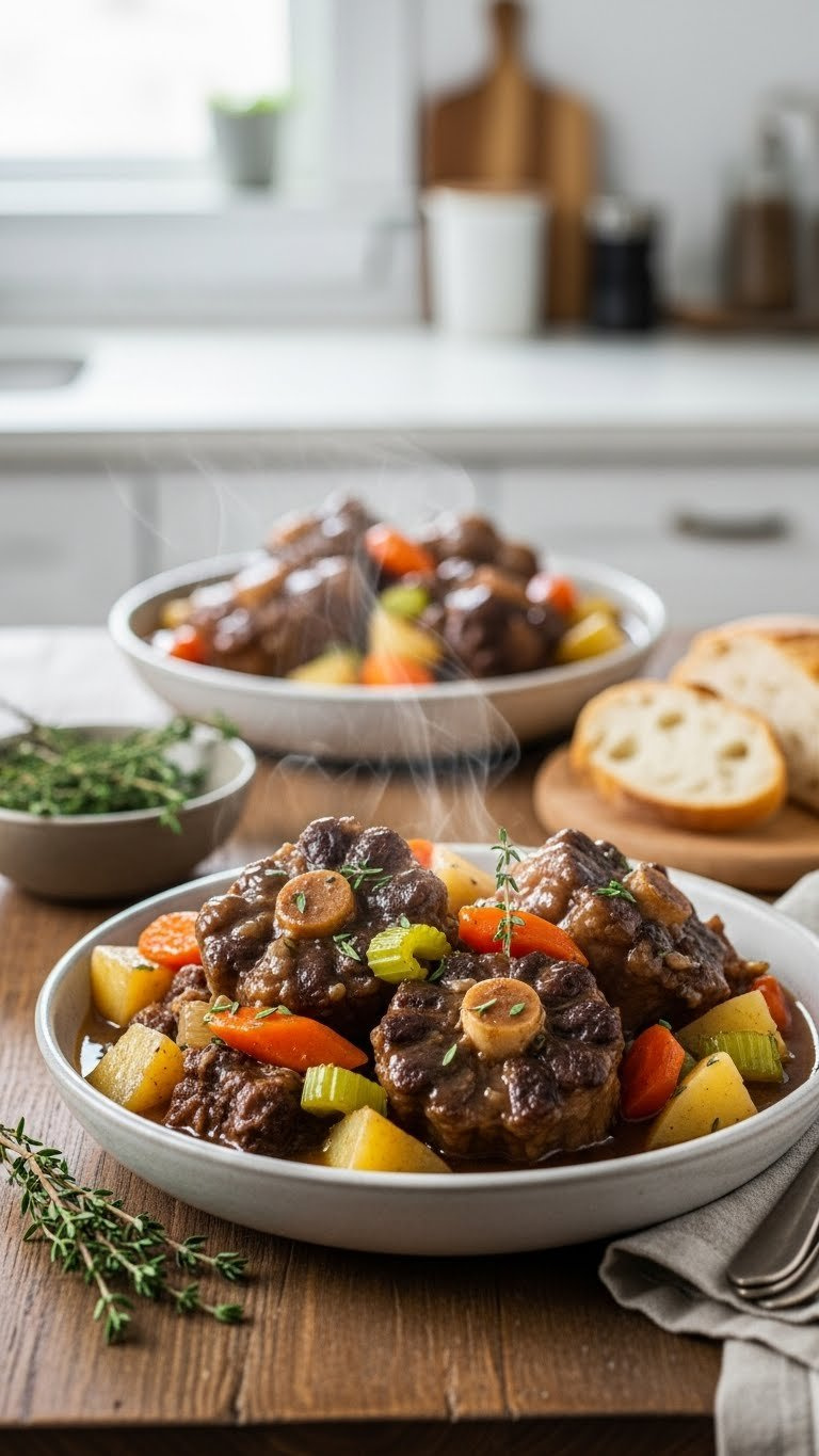 Classic Instant Pot Oxtail Stew With Tender Meat, Carrots, Potatoes, And Savory Gravy, Garnished With Fresh Thyme On A Rustic Table.