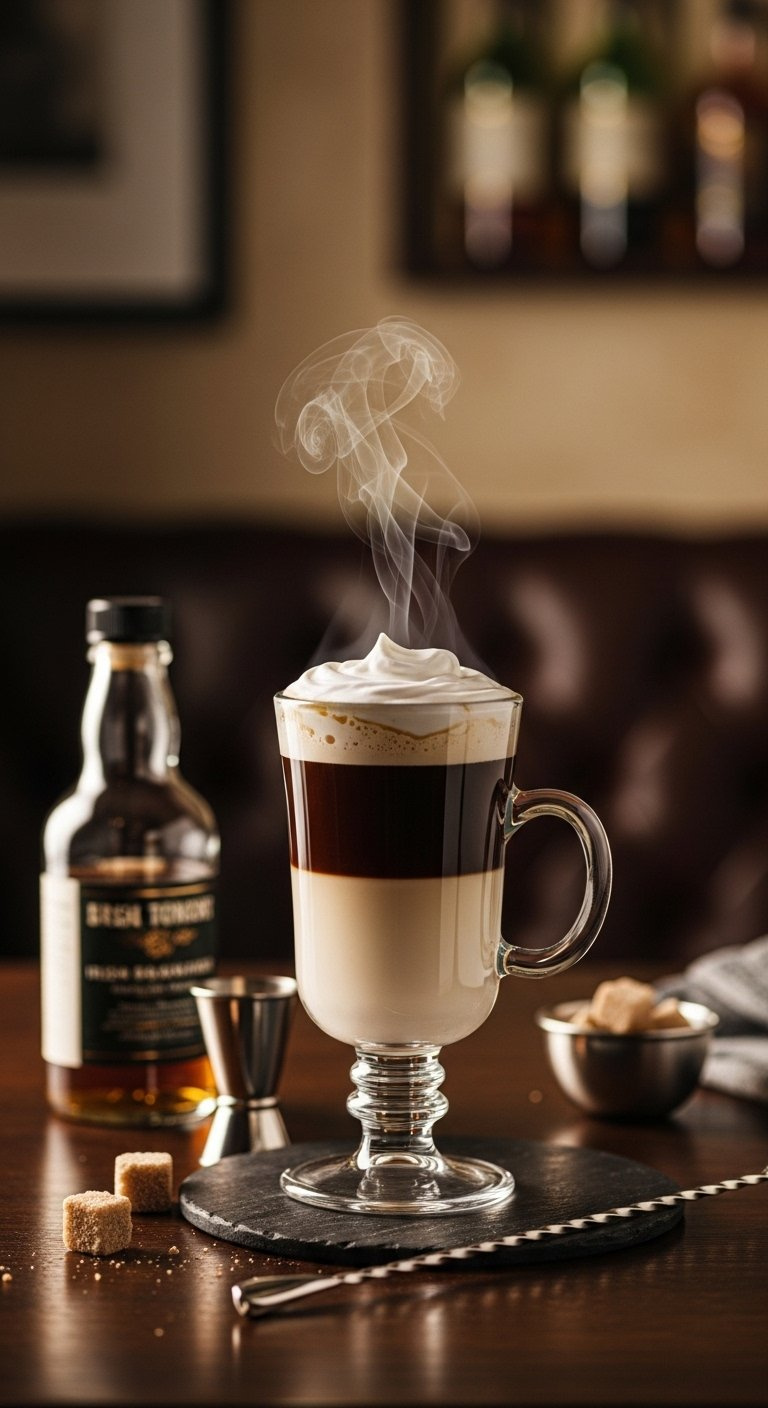 Classic Irish Coffee In A Stemmed Glass Featuring Dark Coffee Layered With Thick Creamy White Foam.