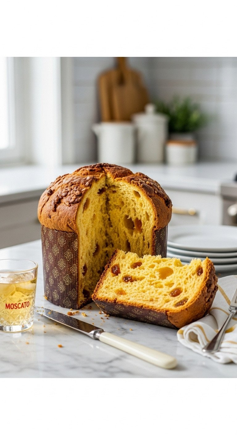 Classic Italian Panettone Bread, Sliced, Showing Airy Fruit-Studded Interior, Golden Crust, With Butter Knife And Moscato.